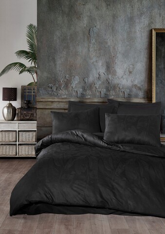 Lenjerie de pat dubla, 6 piese, 200×220 cm, 100% bumbac, Saheser, Ludano, negru 100