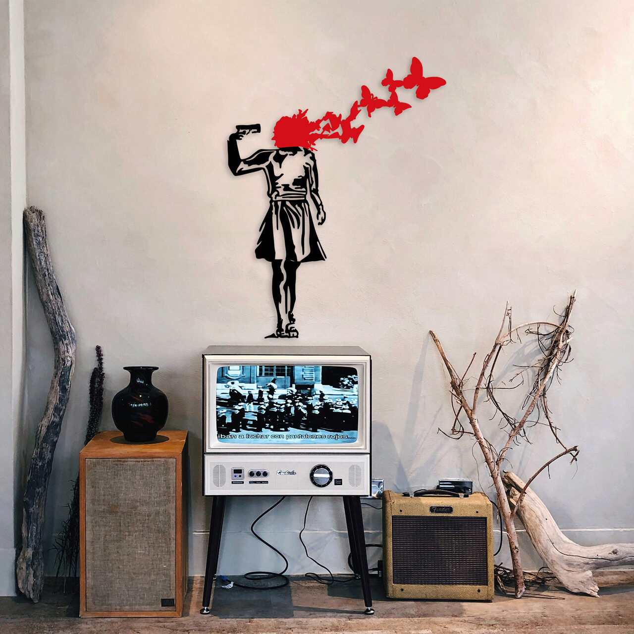 Decoratiune de perete, Banksy, Metal, Dimensiune: 66 x 51 cm, Negru/Rosu
