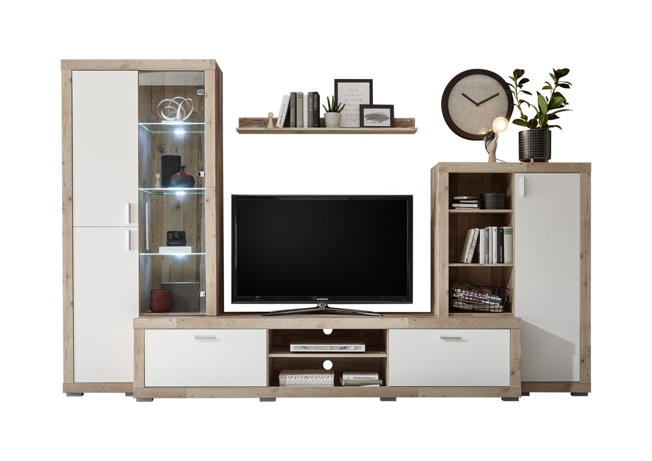 Mobilier Pentru Living, Luna, 1 X Polita, 1 X Comoda, 2 X Dulapuri, PAL, Bej/alb