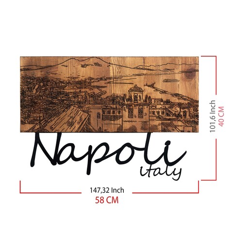 Decoratiune de perete, Napoli, Metal, Cadru: 100% LEMN (grosime: 3 cm), Nuc negru