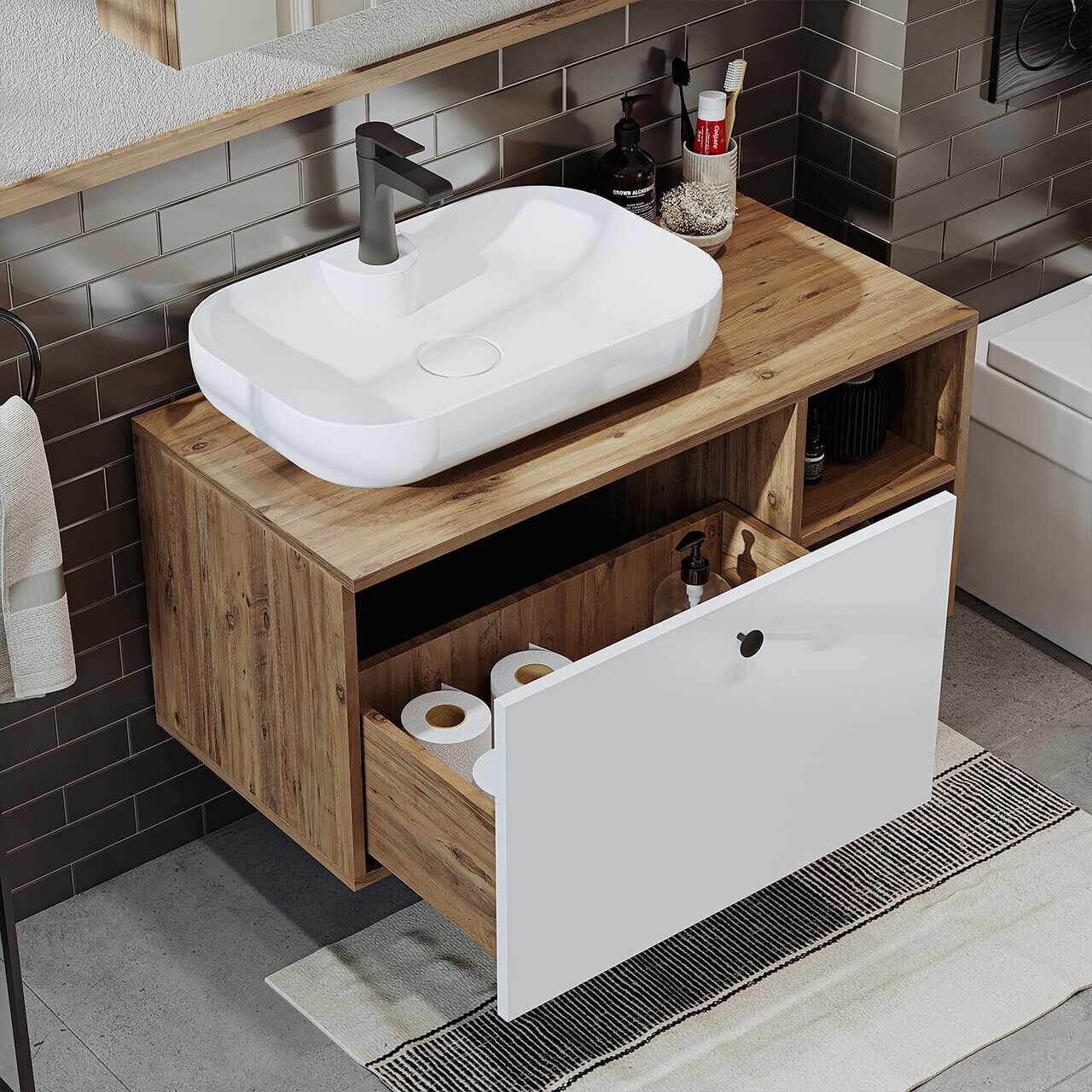 Set Dulap de Baie cu Chiuvetă și Oglindă (2 Piese), Hanah Home, 2520, MDF, Pin Atlantic / Alb — imaginea 5