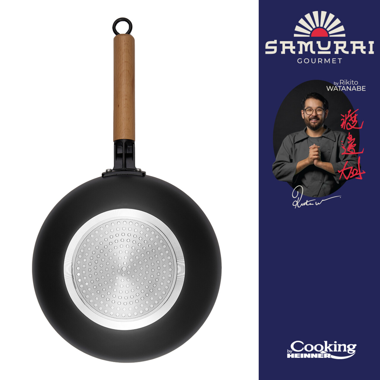 Tigaie Wok cu capac, Samurai Gourmet by Rikito Watanabe si Cooking by Heinner, 28x8 cm, aluminiu, negru/natur - 1 | YEO