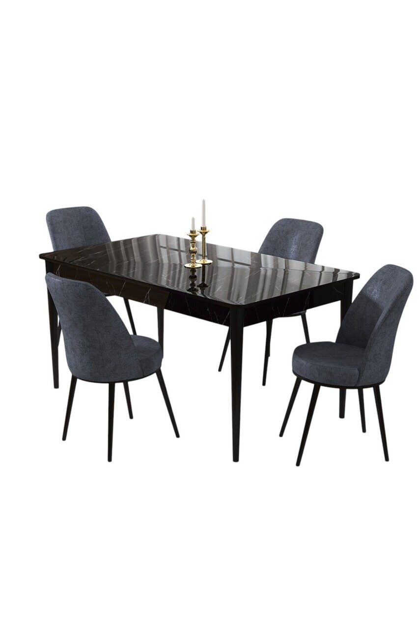 Set masa si scaune (5 piese), Hanah Home, Pir, Model de marmură neagră / Afumat — imaginea 2