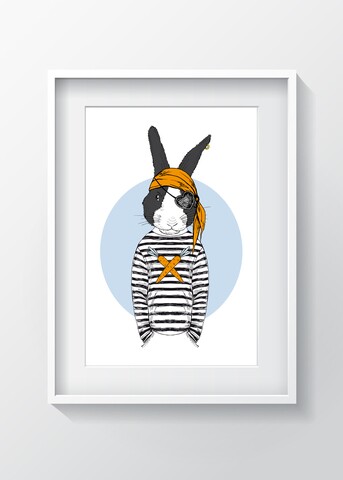 Tablou decorativ rabbit pirate, oyo kids, 29x24 cm, lemn/mdf, multicolor