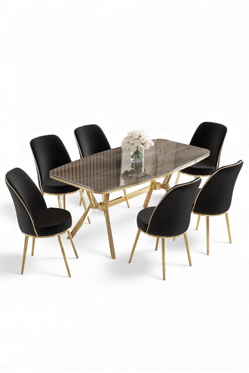 Set masă și scaune (7 piese), Hanah Home, Lena, Antracit / Aur / Negru - view 2