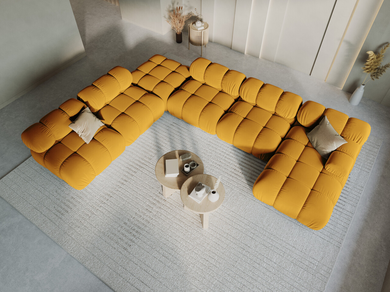 Coltar panoramic stanga 7 locuri design modular, Bellis, Micadoni Home, BL, 376x282x70 cm, catifea, galben