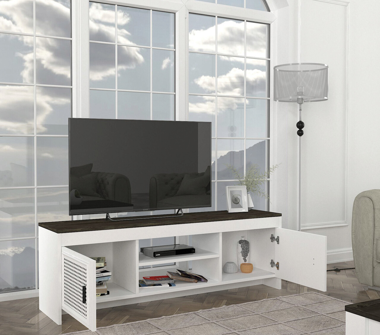 Comoda TV, Tera Home, Done, 150x48.2x35 Cm, PAL, Alb/Maro închis