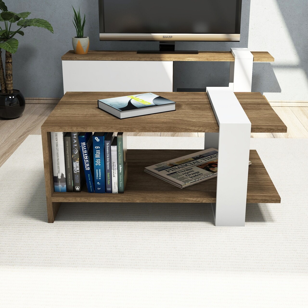 Masuta de cafea Akilli, Puqa Design, 80x50x35 cm, alb/maro