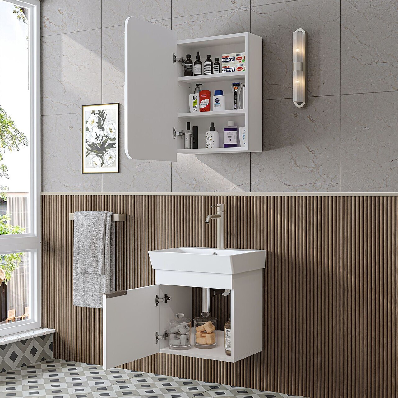 Set Dulap de Baie cu Chiuvetă și Oglindă (2 Piese), Hanah Home, 2915, MDF, Alb — imaginea 4