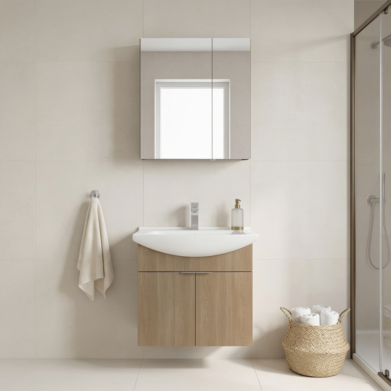 Set Dulap de Baie cu Chiuvetă și Oglindă (2 Piese), Hanah Home, Purus 65, Stejar