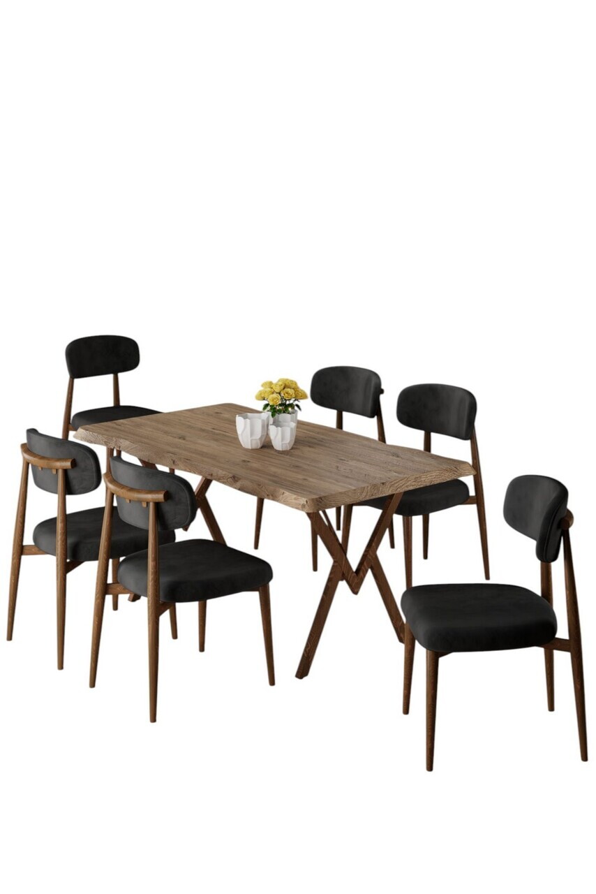Set masa si scaune (7 piese), Hanah Home, Zerra, Pin / Aspect de lemn / Negru — imaginea 2