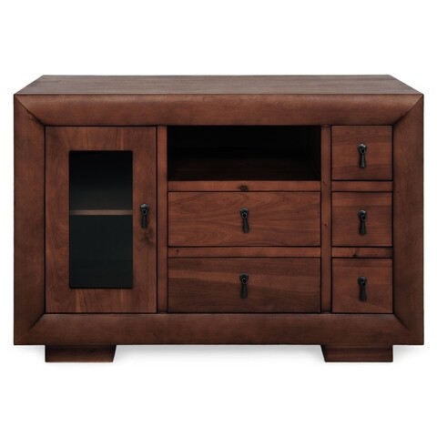 Comoda tv 1 usa sticla si 5 sertare, luvru, l.120 l.50 h.77, mdf/pal/furnir de fag, maro