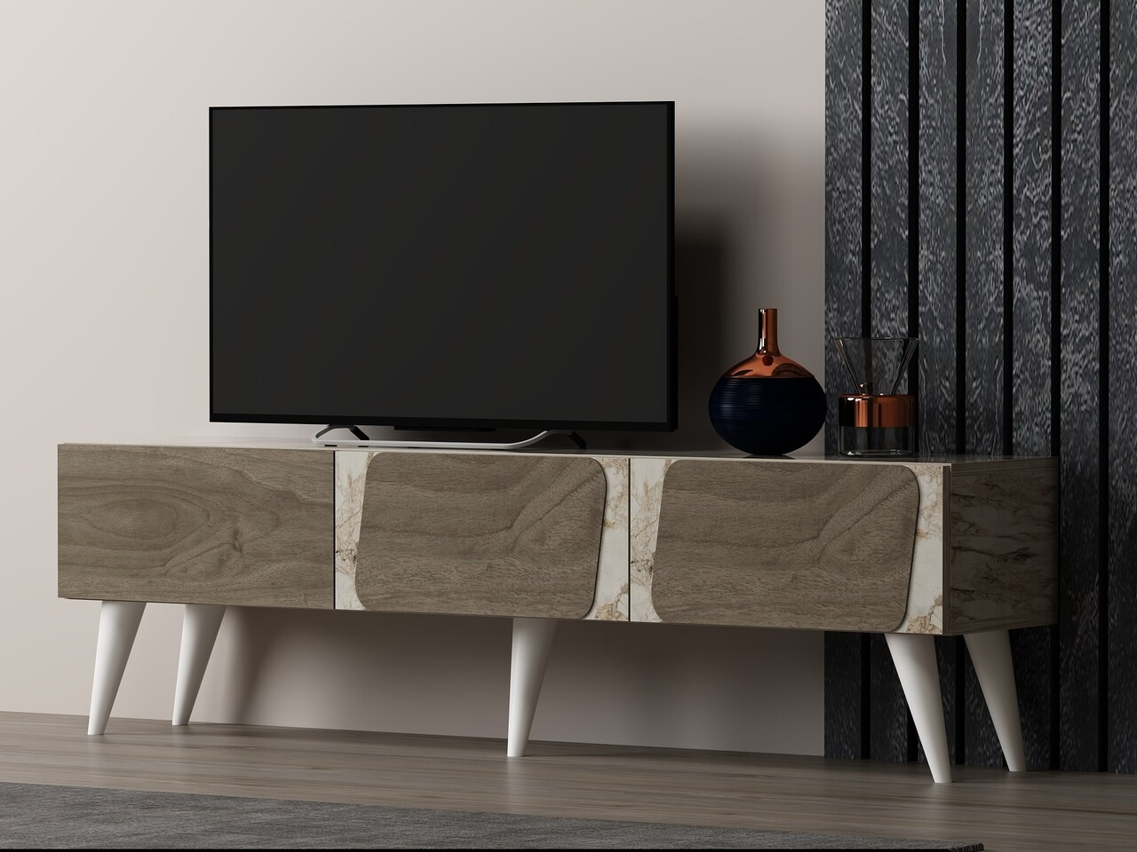Comoda TV, Odessa, Veas, 150x30x43 cm, PAL, Marmură / Nuc - 2 | YEO