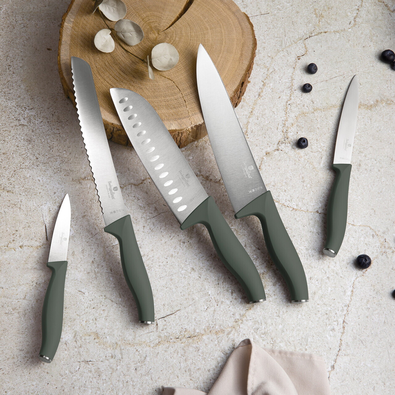 Set 5 cutite cu suport magnetic Berlinger Haus, Matte Green, inox/lemn, verde mat/natur - imagine 2