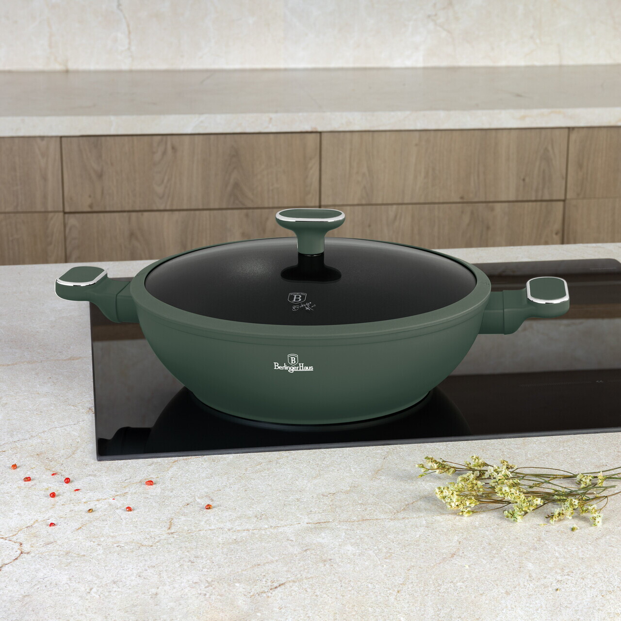 Tigaie Wok cu capac Berlinger Haus, Matte Green, 30 cm, aluminiu forjat, verde mat - imagine 5