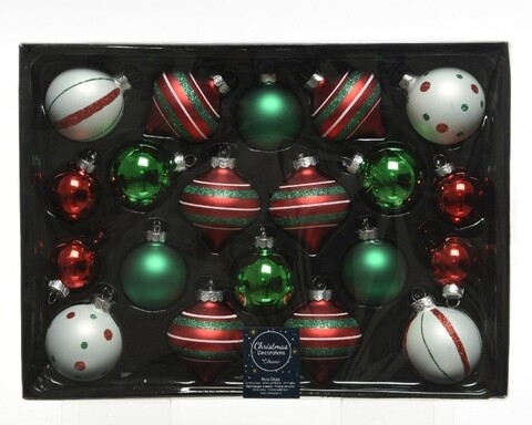 Cutie cu 20 globuri asortate Baubles and onions, Decoris, sticla, rosu/verde/alb