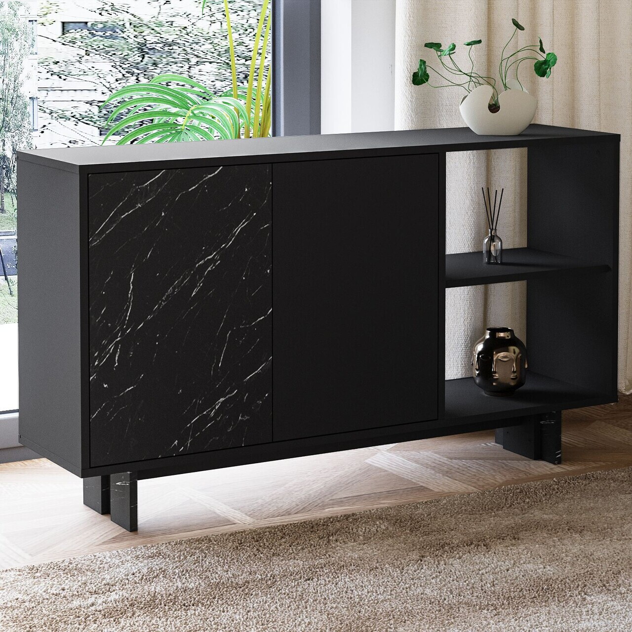 Consola, Hanah Home, Ravello, 140x80x35 cm, PAL, Negru / Marmură — imaginea 3
