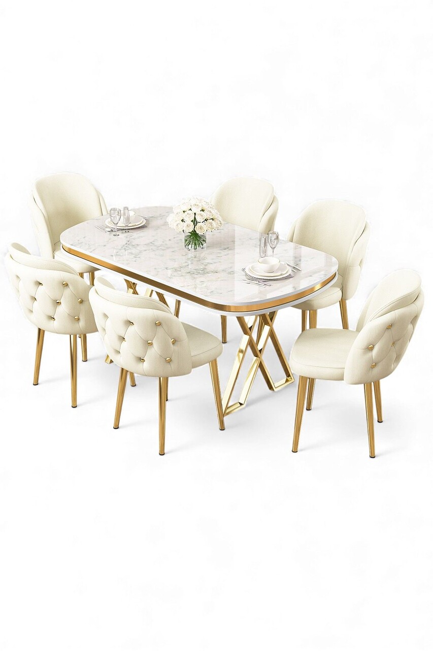 Set masă și scaune (7 piese), Hanah Home, Zae, Marmură albă / Auriu / Crem - view 2