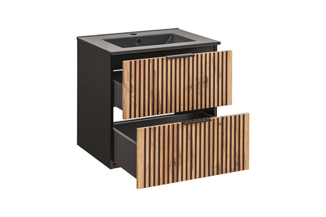 Set dulap de baie cu lavoar si sifon, 60 cm Lava, Xilo Black, Comad, MDF/PAL laminat, stejar wotan/ gri piatra — imaginea 2