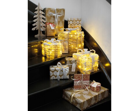 Set 3 decoratiuni luminoase gift, lumineo, ratan, alb/rosu