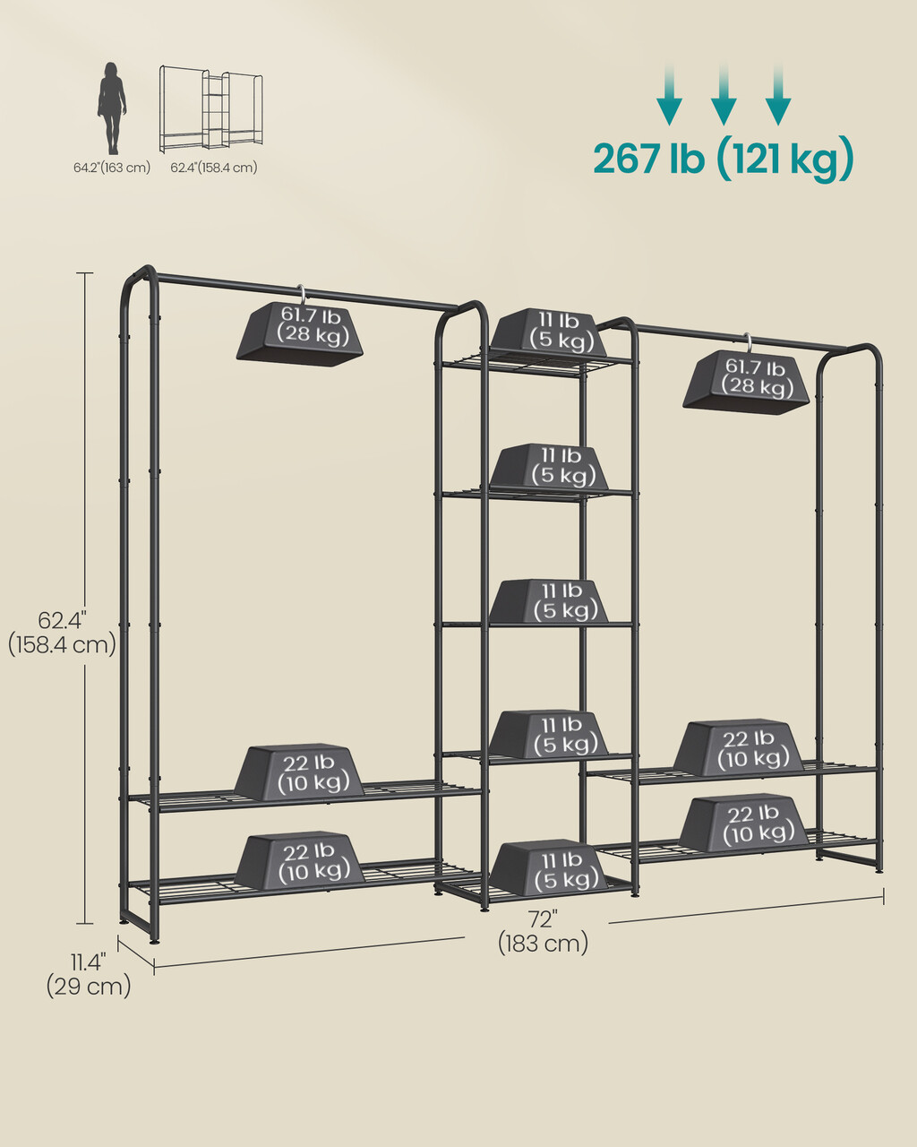 Suport pentru umerase cu rafturi, Songmics, 183x29x158.4 cm, otel, negru - imagine 4