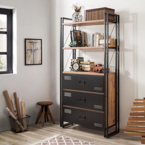 Biblioteca cosmo cortex, sapphire, 90x35x180 cm, natural/negru