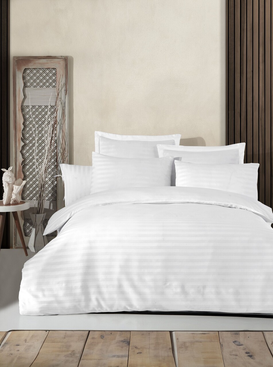 Lenjerie de pat dubla, Water Yollu Saten - White, EnLora Home, 70% bumbac/30% poliester