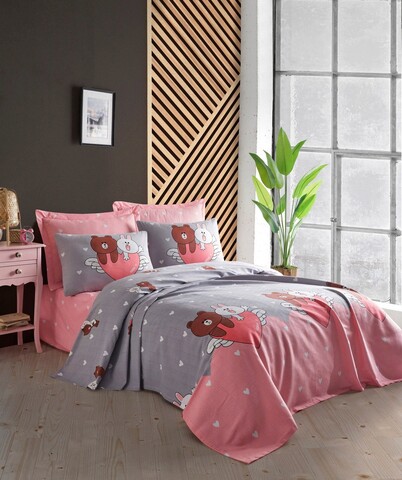 Set cuvertura pique dubla, Felices – Gray / Pink, EnLora Home, Bumbac bumbac imagine 2022