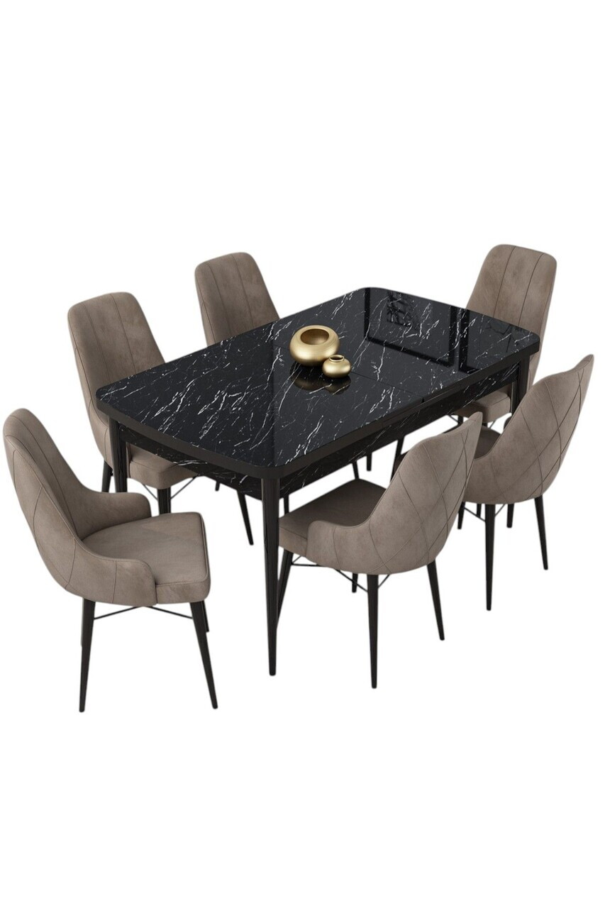 Set masa extensibila si scaune (7 piese), Hanah Home, Lia, Model de marmură neagră / Cappuccino — imaginea 2