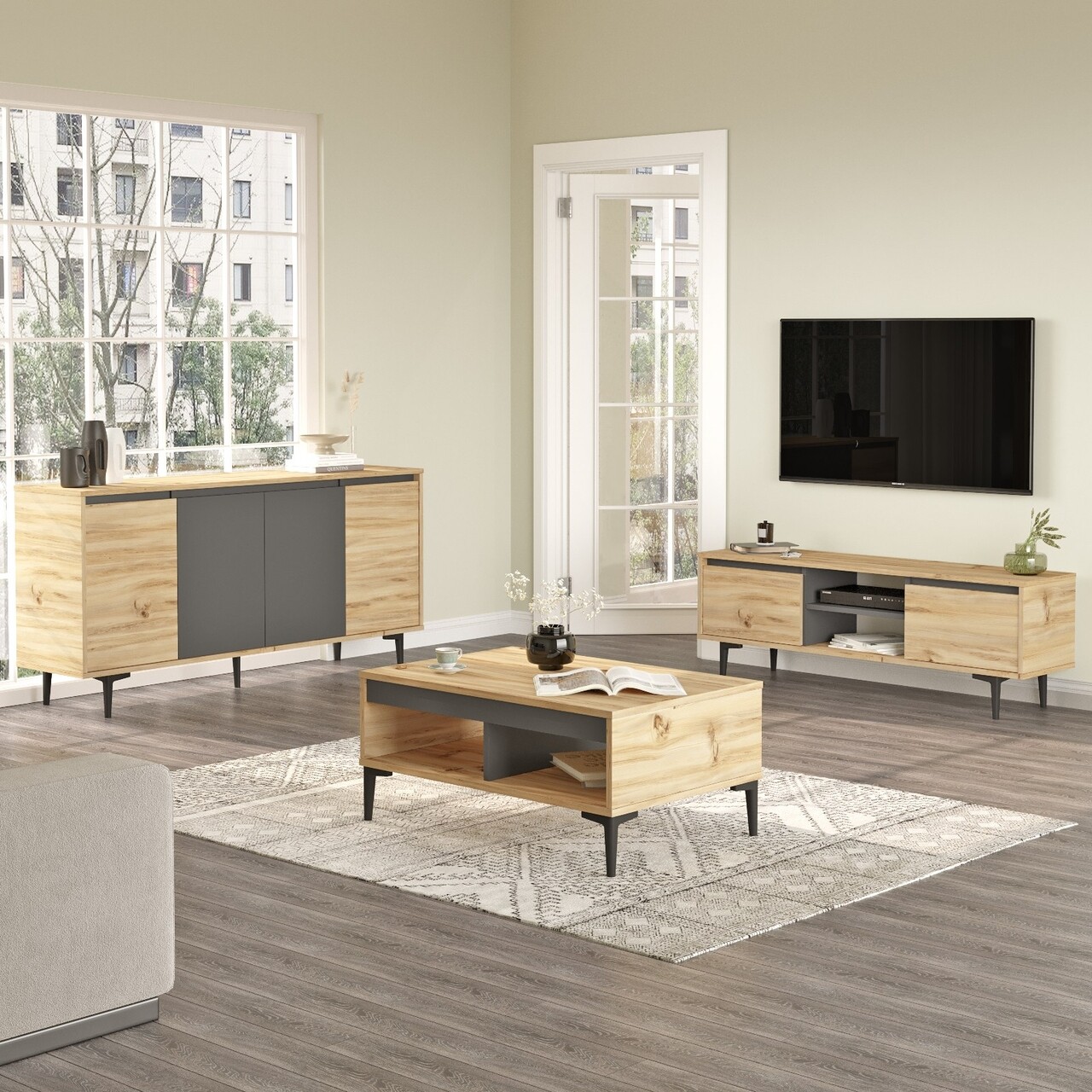 Mobilier Living, Locelso, AR13, Pal Melaminat, Stejar/antracit