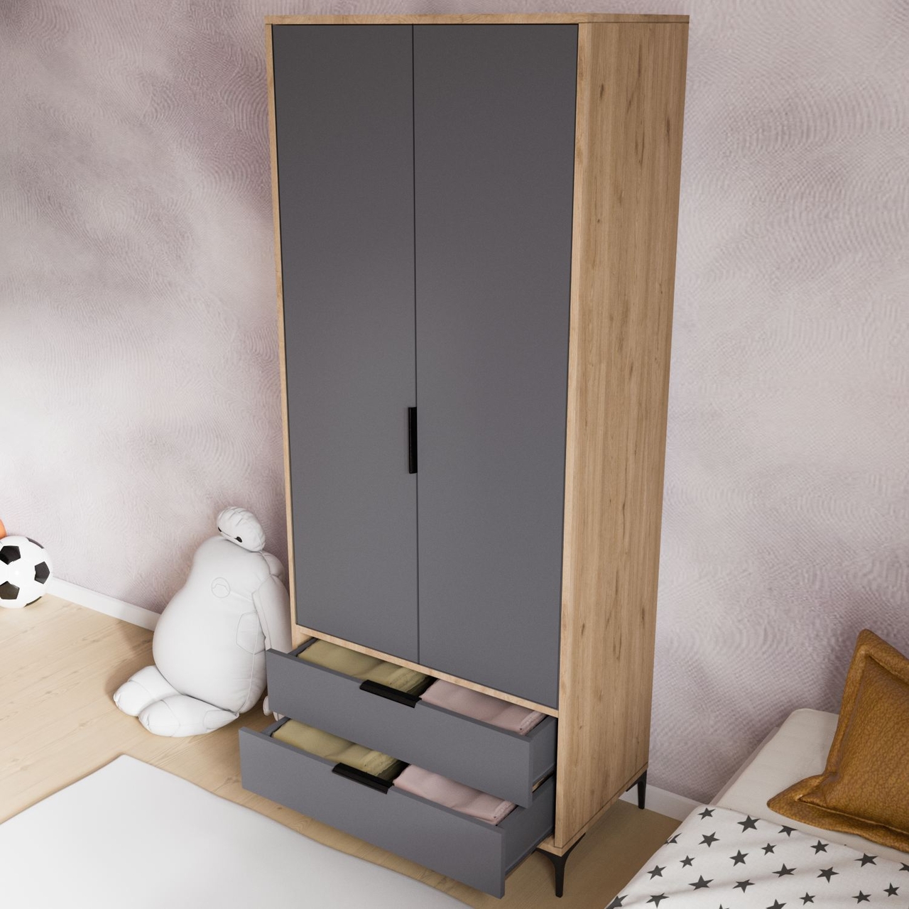 Dulap pentru haine, Hanah Home, Aden Drawes, 80x192x45 cm, Stejar / Antracit - view 3