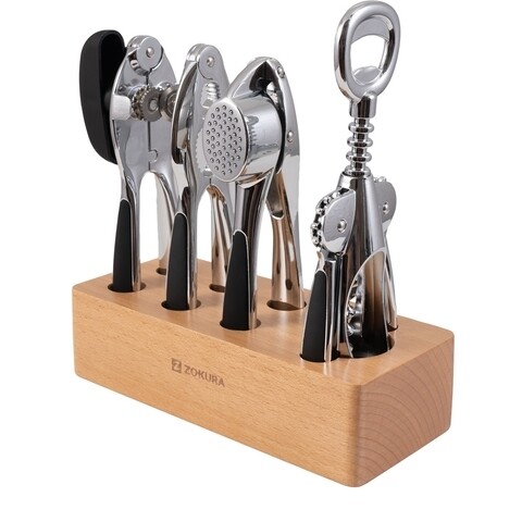 Set ustensile bucatarie, 5 piese, Zokura, zinc/lemn