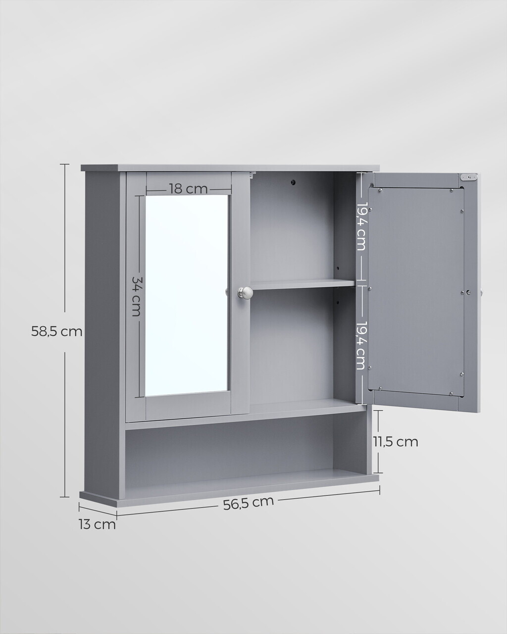 Dulap baie suspendat, Vasagle, cu oglinda si raft reglabil, 56.5x13x58.5 cm, MDF, gri - imagine 5