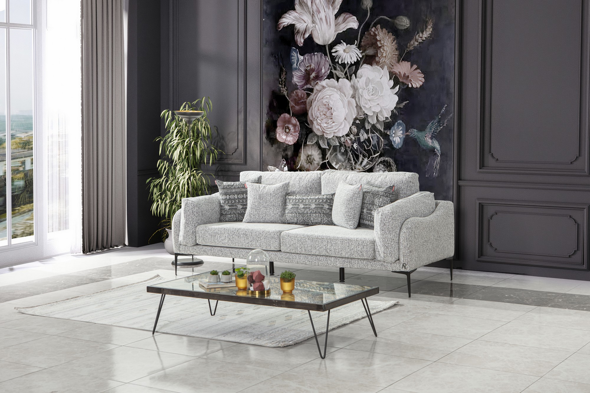 Canapea 3 locuri, Atelier del Sofa, 383EVN1273, Material: 100% PES VELVET, Gri