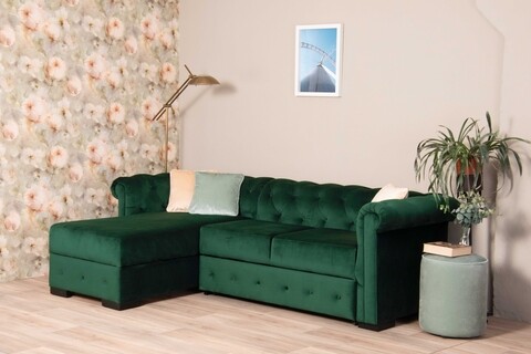 Coltar extensibil cu lada si sezlong stanga, Chester One, L.247 l.171 H.74, stofa, Velvet Louvre Green