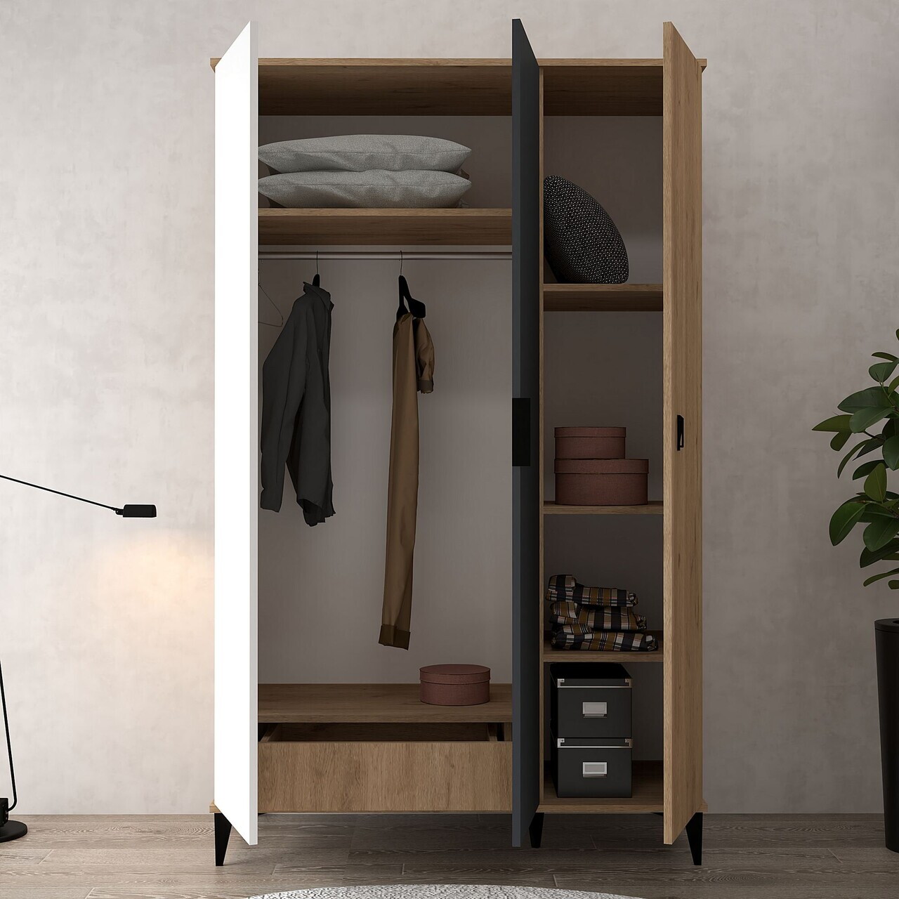 Dulap pentru haine, Hanah Home, Neva 6302, PAL, Stejar / Alb / Antracit — imaginea 2