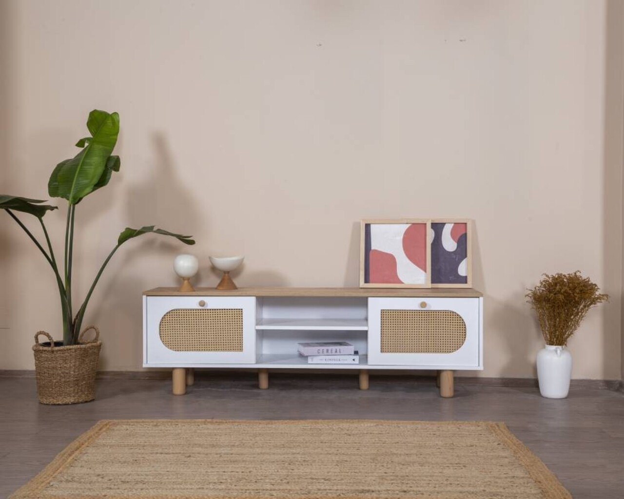 Comoda TV, Wolina, Bohem, 55x180x41 cm, Stejar alb