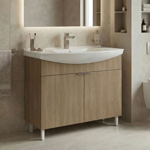 Dulap de baie cu chiuvetă, Hanah Home, Purus 100, Stejar Sonomo