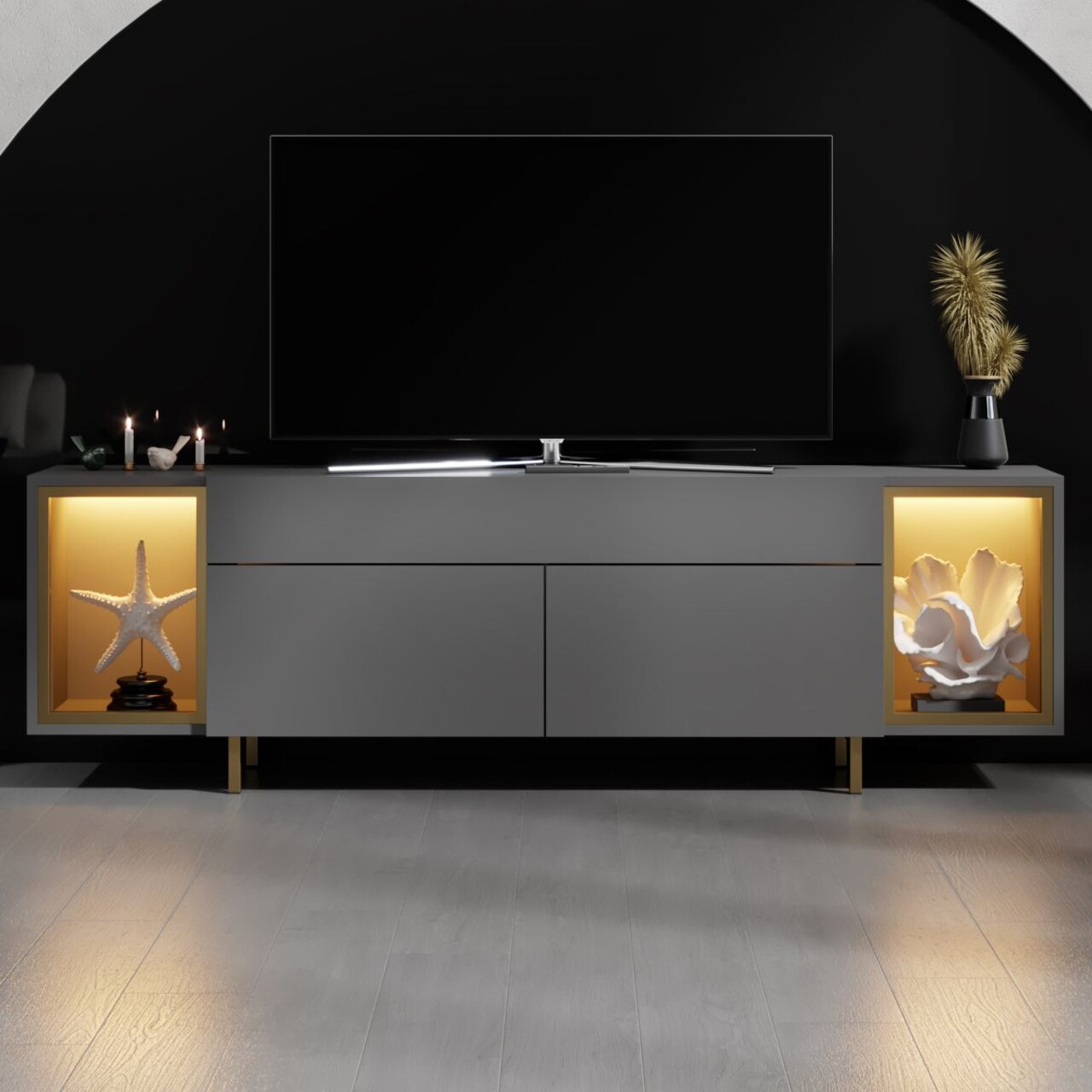 Comoda TV, Hanah Home, Zenith, 180x55x32 cm, Antracit / Aur - view 2