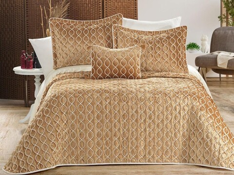 Set cuvertura de pat dubla 3 piese, Brillance - Gold, Dowry World, Catifea