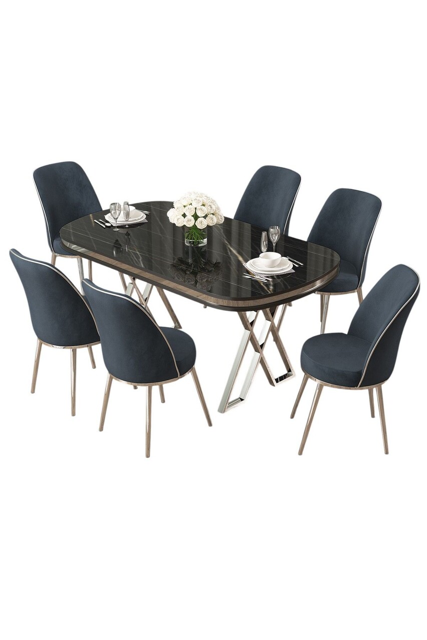 Set masă și scaune (7 piese), Hanah Home, Lai, Marmură neagră / Crom / Antracit - imagine 2