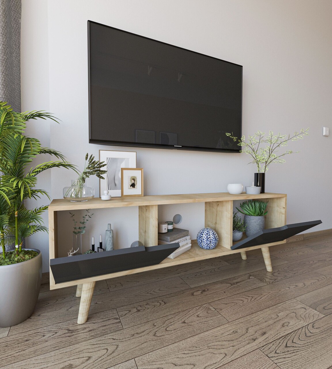 Comoda TV, Hanah Home, Siena, 139.7x53x53 cm, PAL, Stejar safir / Antracit - imagine 3