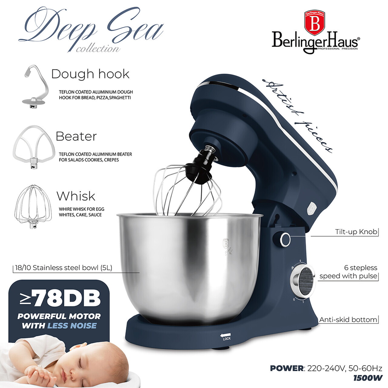 Robot de bucatarie Berlinger Haus, Deep Sea, 1500W, inox/plastic, albastru mat/gri - imagine 6