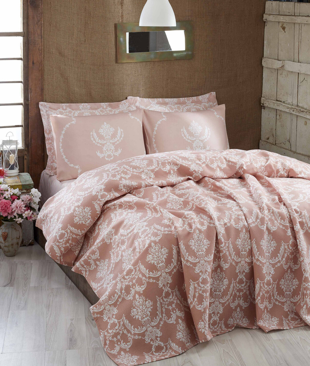Set cuvertura pique dubla 3 piese, Pure - Powder, EnLora Home, Bumbac