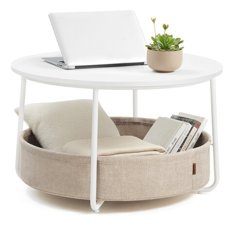 Masuta de cafea cu cos textil, Vasagle, Modern Style, 75x45 cm, PAL/otel/poliester, alb mat/camel