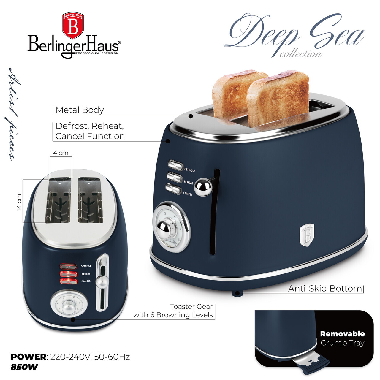 Prajitor de paine Berlinger Haus, Deep Sea, 850W, metal/aluminiu, albastru mat - imagine 17