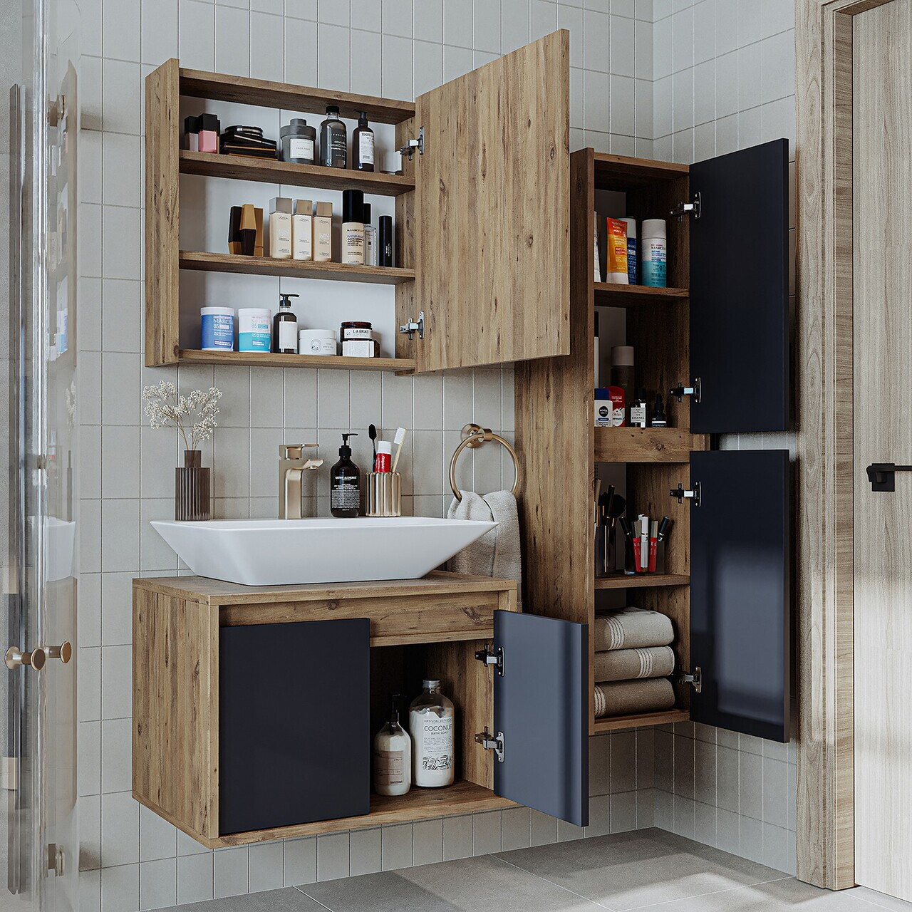 Set Dulap de Baie cu Chiuvetă și Oglindă (3 Piese), Hanah Home, 1702, MDF-LAM, Pin Atlantic / Antracit — imaginea 3