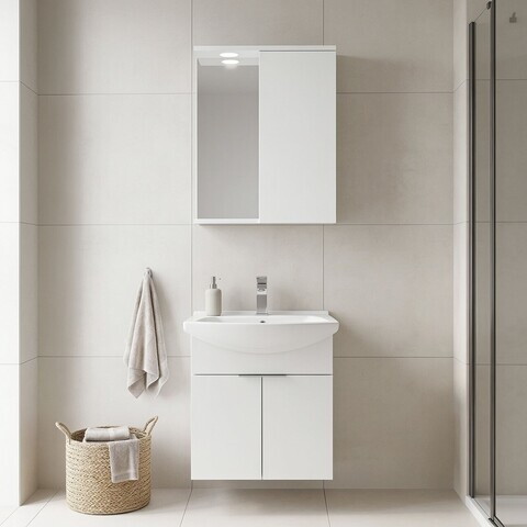 Set Dulap de Baie cu Chiuvetă și Oglindă (2 Piese), Hanah Home, Purus 55, Alb