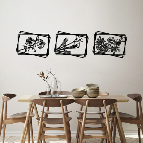 Decoratiune de perete, flowers 2, metal, 60 x 47 cm, 3 piese, negru