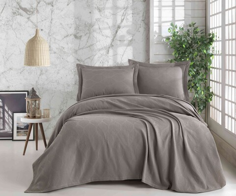 Set cuvertura de pat dubla Pique, 3 piese, 220×240 cm, 100% bumbac, Saheser, STN, gri 100
